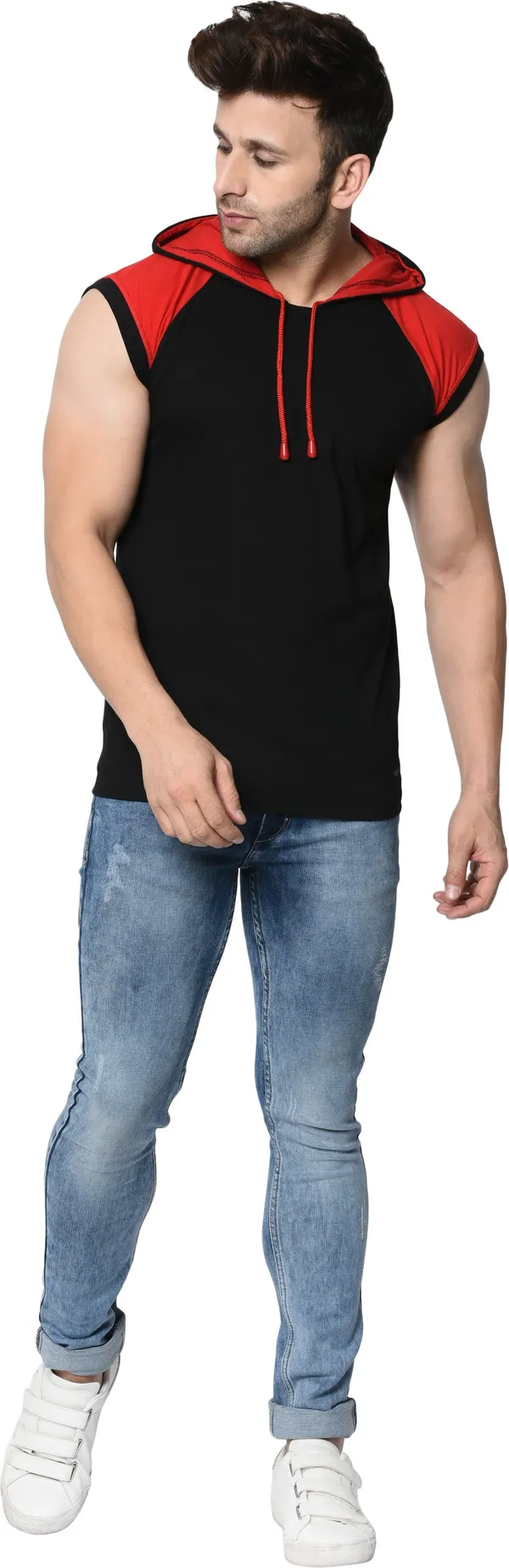 Red_&_Black_Cotton_Blend_Sleeveless_Boxy_Hooded_Neck_T-Shirt_For_Men