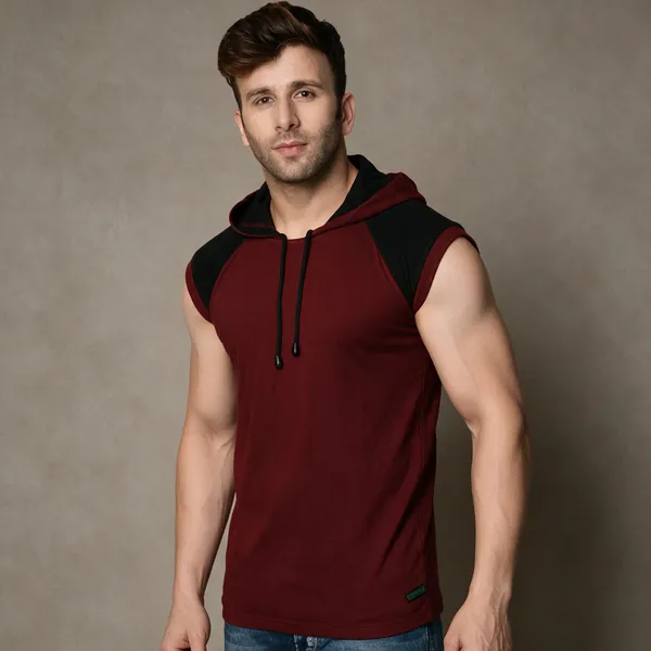 Maroon_Black_Cotton_Blend_Boxy_Fit_Hooded_Neck_Colorblock_T-Shirt_For_Men