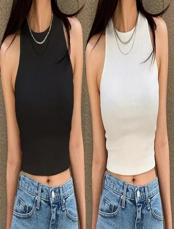 Black_&_White_Cotton_Blend_Sleeveless_Round_Neck_Crop_Top_For_Women