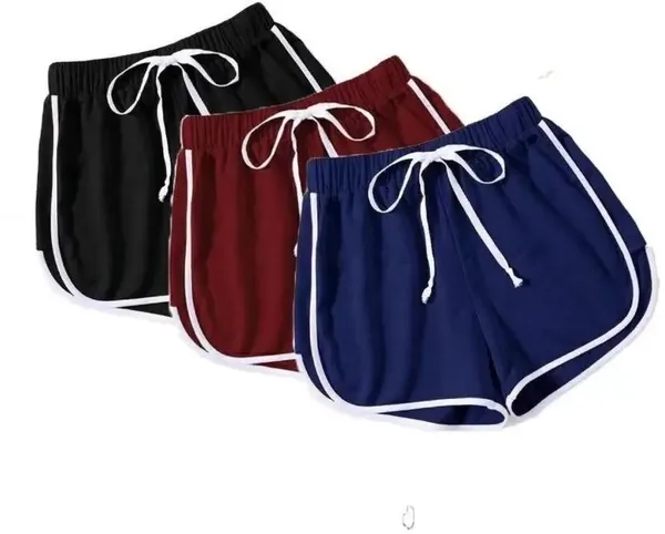 Maroon_Black_And_Navy_Blue_Polycotton_Striped_Mid_Rise_Hotpants_For_Women