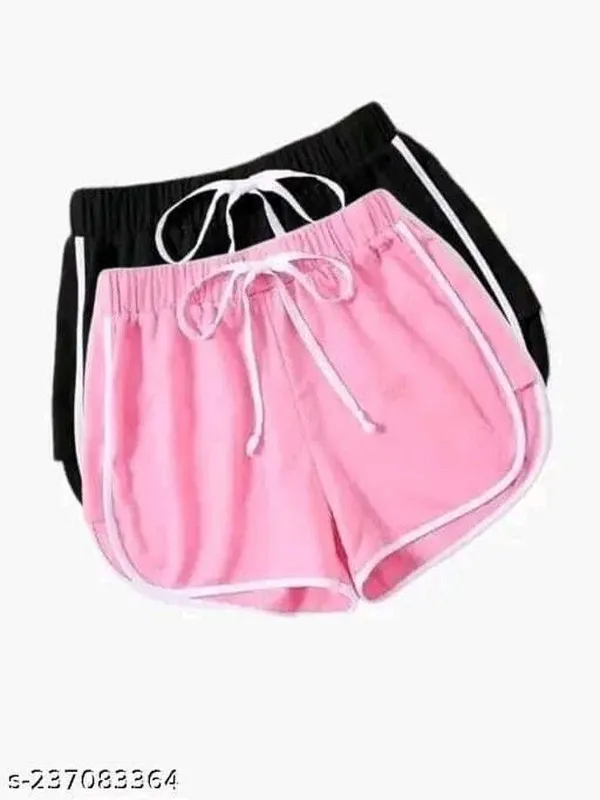 Pink_And_Black_Polycotton_Striped_Mid_Rise_Hotpants_For_Women