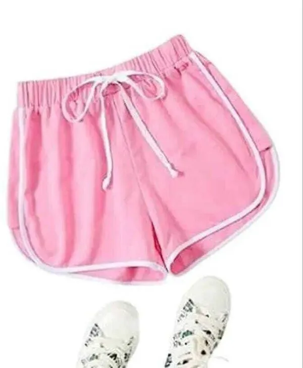 Pink_And_Black_Polycotton_Striped_Mid_Rise_Hotpants_For_Women