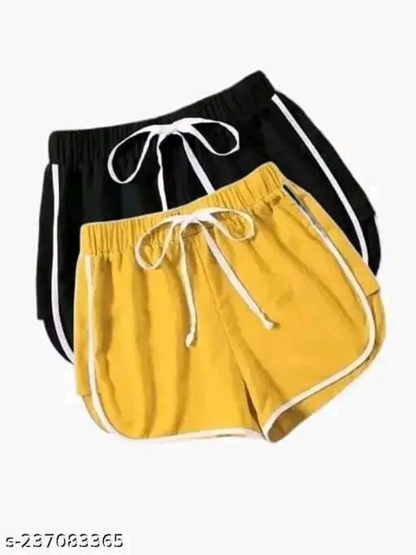 Black_And_Yellow_Polycotton_Striped_Mid-Rise_Hotpants_For_Women