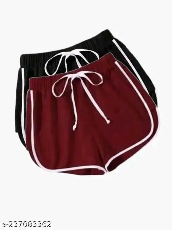 Maroon_And_Black_Polycotton_Striped_Mid_Rise_Hotpants_For_Women