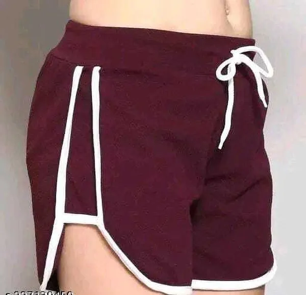 Maroon_And_Black_Polycotton_Striped_Mid_Rise_Hotpants_For_Women