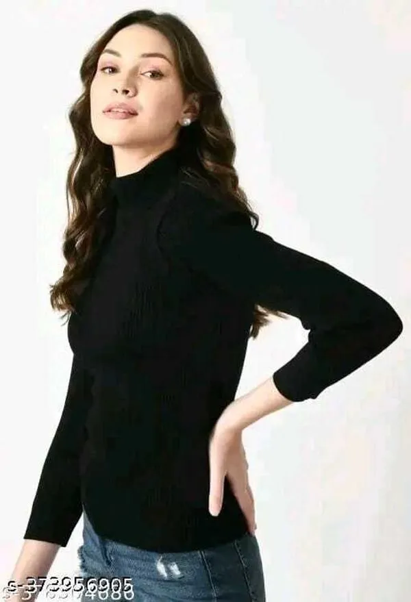 Black_Cotton_Slim_Fit_Turtleneck_Long_Sleeve_Top_For_Women