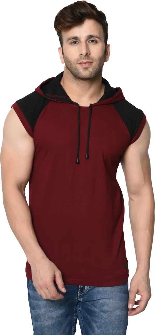 Maroon_Black_Cotton_Blend_Boxy_Fit_Hooded_Neck_Colorblock_T-Shirt_For_Men
