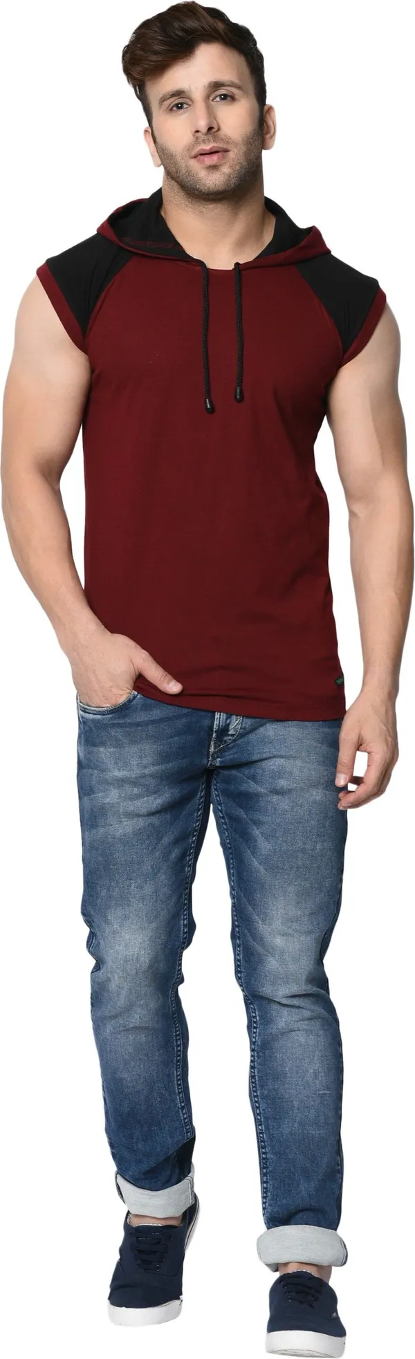 Maroon_Black_Cotton_Blend_Boxy_Fit_Hooded_Neck_Colorblock_T-Shirt_For_Men