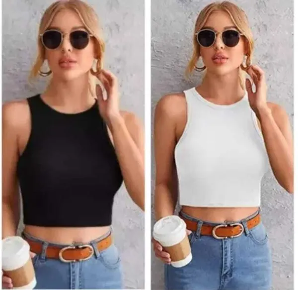 White_&_Black_Cotton_Blend_Sleeveless_Round_Neck_Crop_Top_For_Women