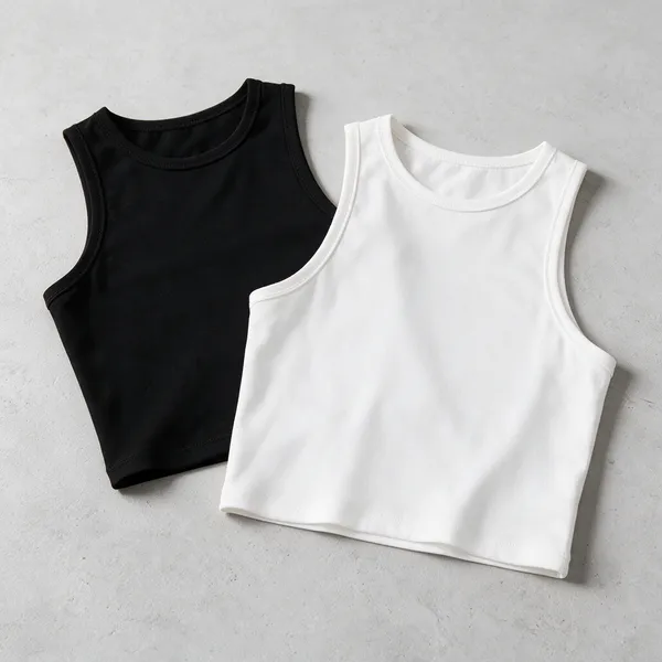 White_&_Black_Cotton_Blend_Sleeveless_Round_Neck_Crop_Top_For_Women
