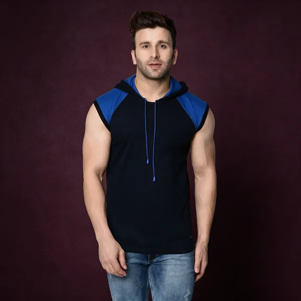 Blue_&_Black_Cotton_Blend_Sleeveless_Boxy_Hooded_Neck_T-Shirt_For_Men