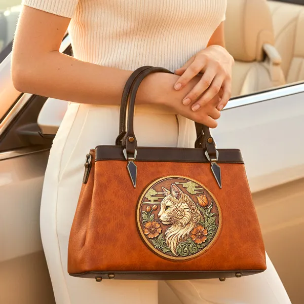 Premium_Vegan_Leather_Satchel_Bag_with_Artistic_Cat_Embossed_Design,_Handcrafted_Women’s_Designer_Handbag