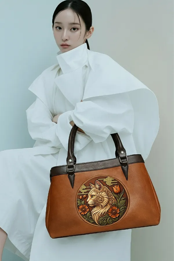 Premium_Vegan_Leather_Satchel_Bag_with_Artistic_Cat_Embossed_Design,_Handcrafted_Women’s_Designer_Handbag