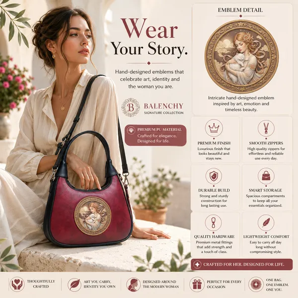 Balenchy_Women's_Maroon_Premium_Vegan_Leather_Shoulder_Bag_with_women_pampering__cat_Art_Medallion_|_Stylish_Designer_Handbag_for_Women_|_Adjustable_Sling_Strap