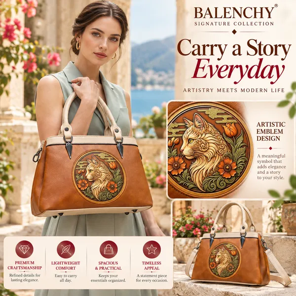 Balenchy_The_Cat_Satchel_—_Wearable_Art_Handbag_for_Women_|_The_Cat_Medallion_|_Cognac_Brown_|_Signature_Collection