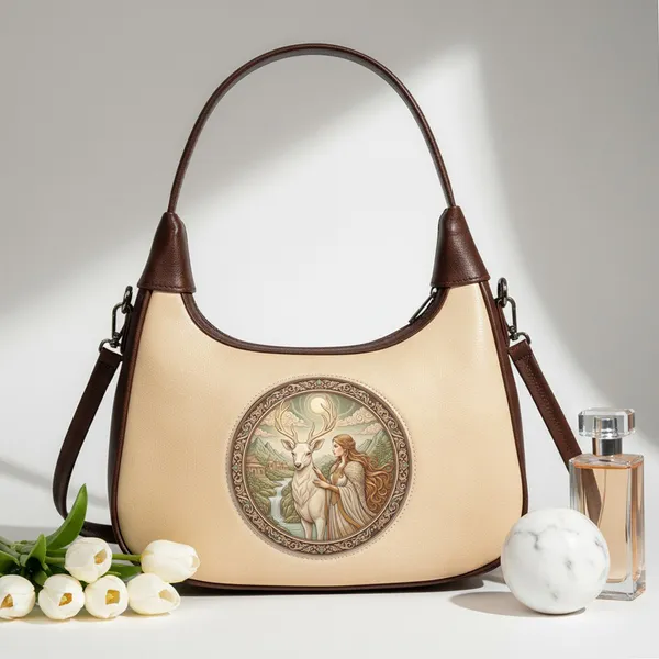 Balenchy_Women's_Ivory_Premium_Vegan_Leather_Shoulder_Bag_with_Women__with_Deer_Art_Medallion_|_Stylish_Designer_Handbag_for_Women_|_Adjustable_Sling_Strap