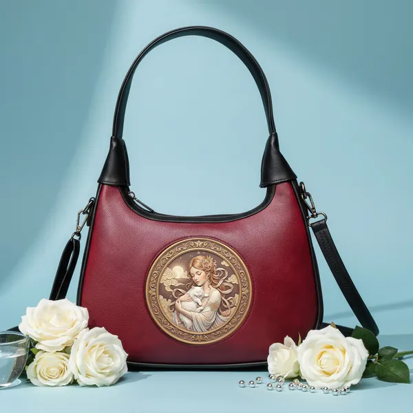 Balenchy_Women's_Maroon_Premium_Vegan_Leather_Shoulder_Bag_with_women_pampering__cat_Art_Medallion_|_Stylish_Designer_Handbag_for_Women_|_Adjustable_Sling_Strap