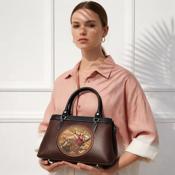 Brown_Vegan_Leather_Satchel_Bag_with_Artistic_Unicorn_&_Deer_&_Elephant_Embossed_Design__Premium_Handcrafted_Women’s_Designer_Handbag
