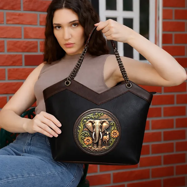 Black_Vegan_Leather_Satchel_Bag_with_Embossed_Elephant_and_Deer_Artwork_Luxury_Designer_Handbag