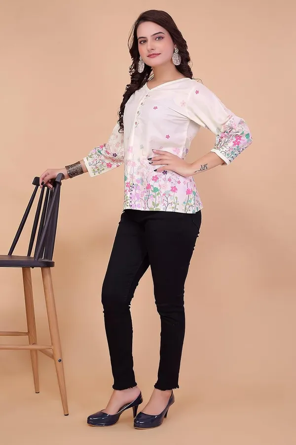 Cream_Summer_Cool_Top_For_Women_|__Regular_Fit_Long_Sleeve_V-Neck