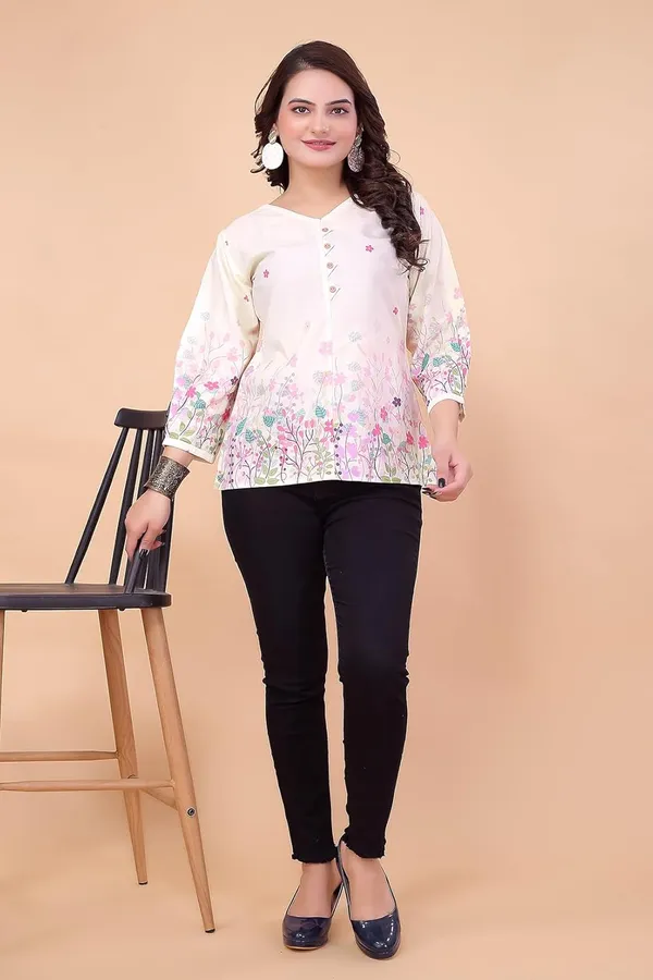 Cream_Summer_Cool_Top_For_Women_|__Regular_Fit_Long_Sleeve_V-Neck