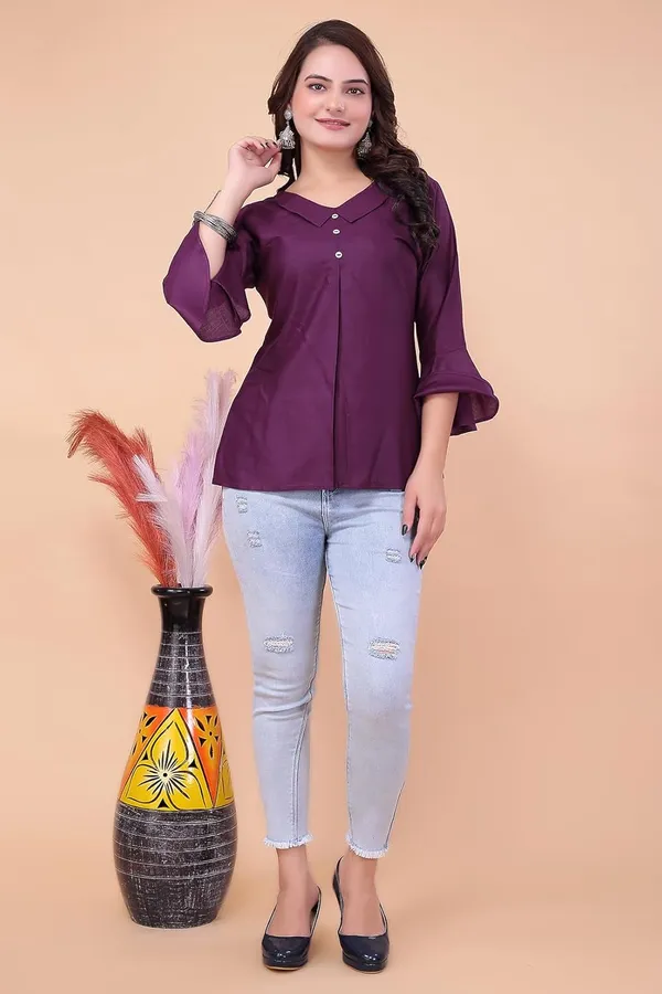 Wine_Pure_Rayon__Top_For_Women_|_Balloon_Sleeve_V-Neck