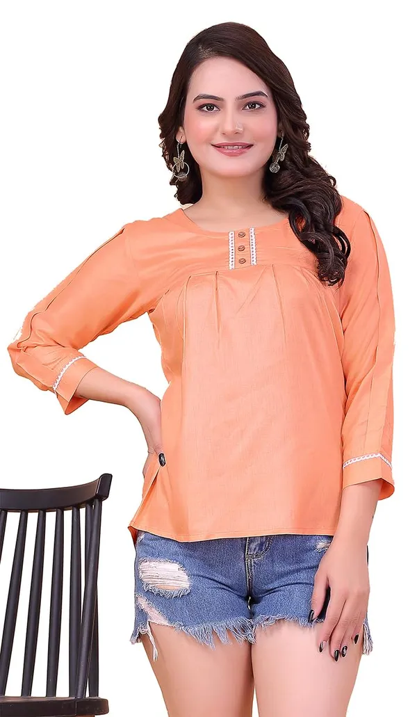 Peach_100%_Rayon_Tunic_Shirt_For_Women_|_Regular_Fit_3/4_Sleeve_Round_Neck