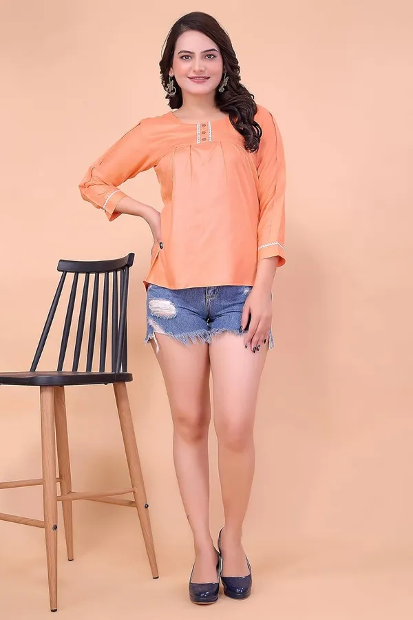 Peach_100%_Rayon_Tunic_Shirt_For_Women_|_Regular_Fit_3/4_Sleeve_Round_Neck