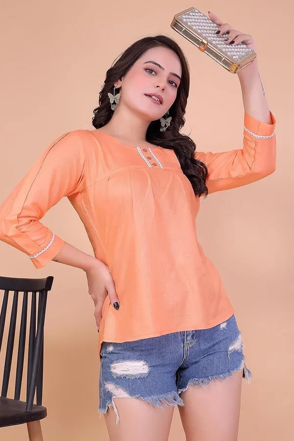 Peach_100%_Rayon_Tunic_Shirt_For_Women_|_Regular_Fit_3/4_Sleeve_Round_Neck