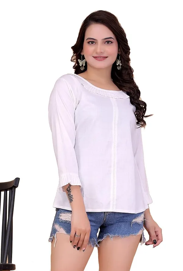 White_100%_Rayon_Top_For_Women_|_Regular_Fit_3/4_Sleeve_Round_Neck