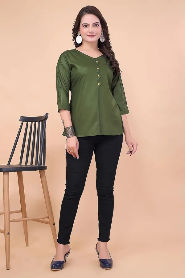Mehndi_Green_100%_Rayon_Top_For_Women_|_Regular_Fit_3/4_Sleeve_V-Neck