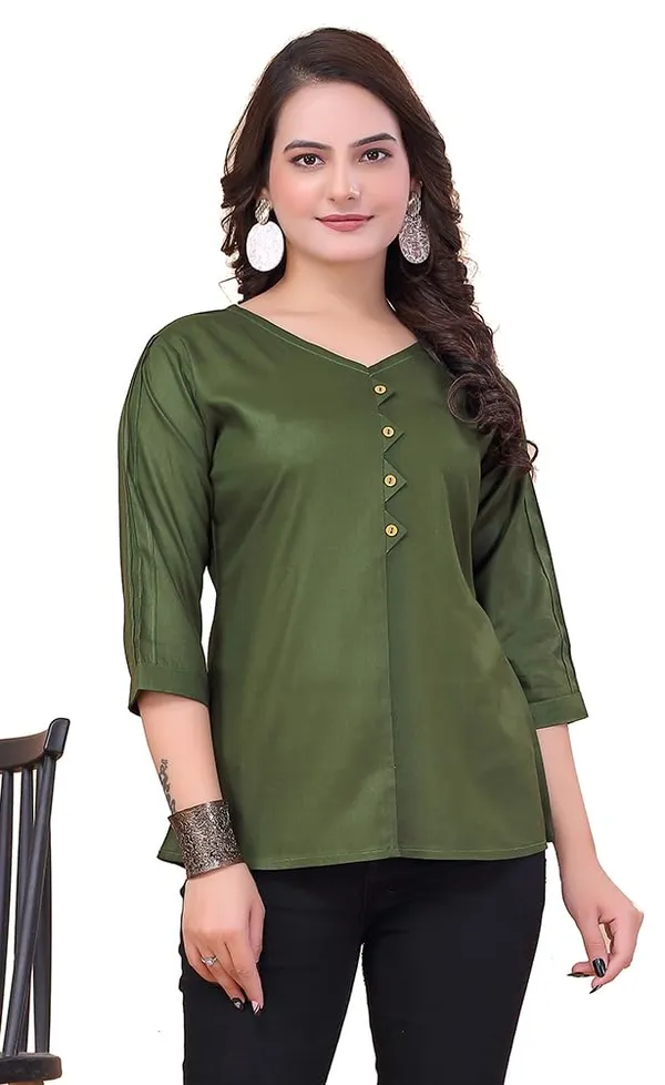 Mehndi_Green_100%_Rayon_Top_For_Women_|_Regular_Fit_3/4_Sleeve_V-Neck