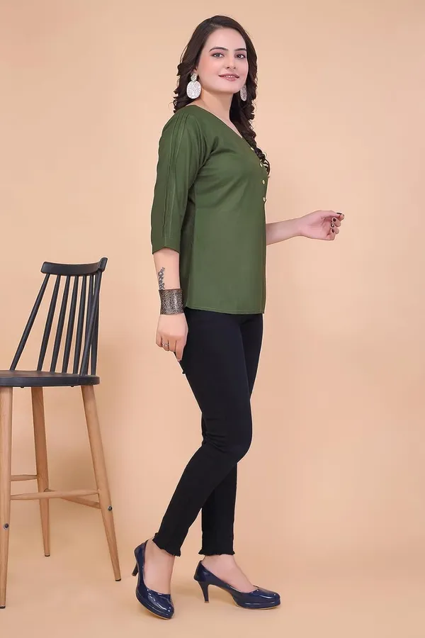 Mehndi_Green_100%_Rayon_Top_For_Women_|_Regular_Fit_3/4_Sleeve_V-Neck