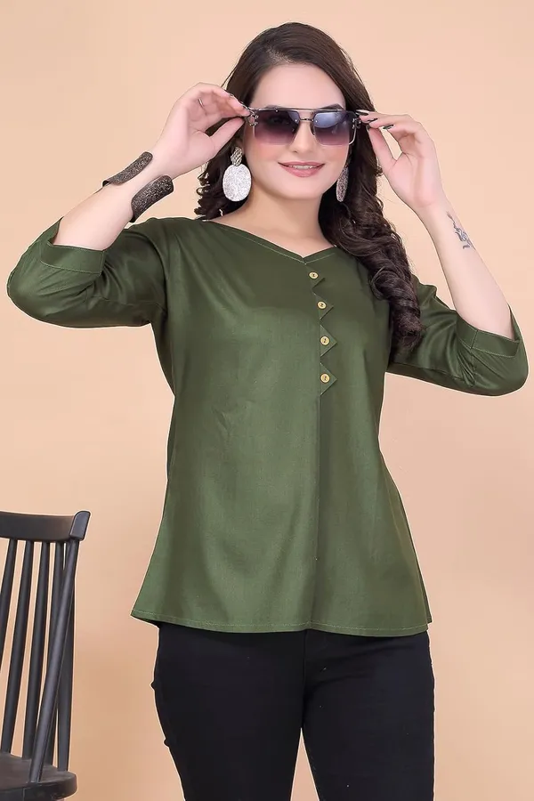 Mehndi_Green_100%_Rayon_Top_For_Women_|_Regular_Fit_3/4_Sleeve_V-Neck