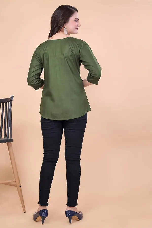 Mehndi_Green_100%_Rayon_Top_For_Women_|_Regular_Fit_3/4_Sleeve_V-Neck