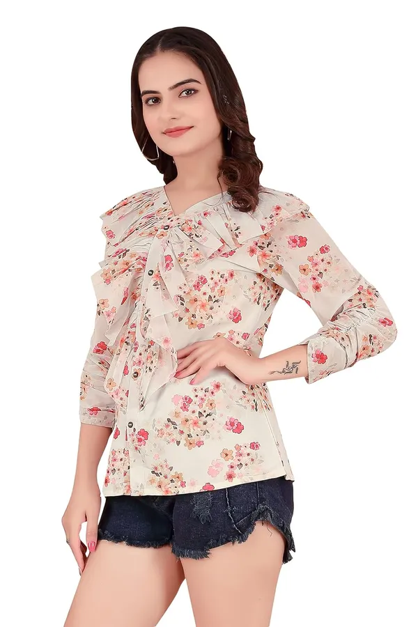 White_Georgette___Tunic_Shirt_For_Women_|_3/4_Sleeve_V-Neck