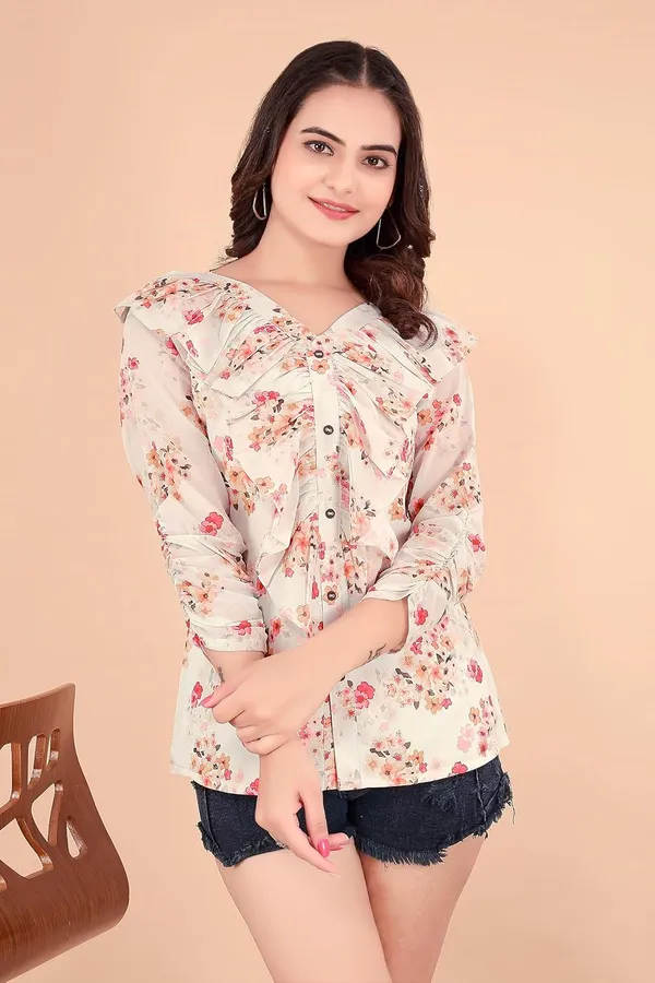 White_Georgette___Tunic_Shirt_For_Women_|_3/4_Sleeve_V-Neck