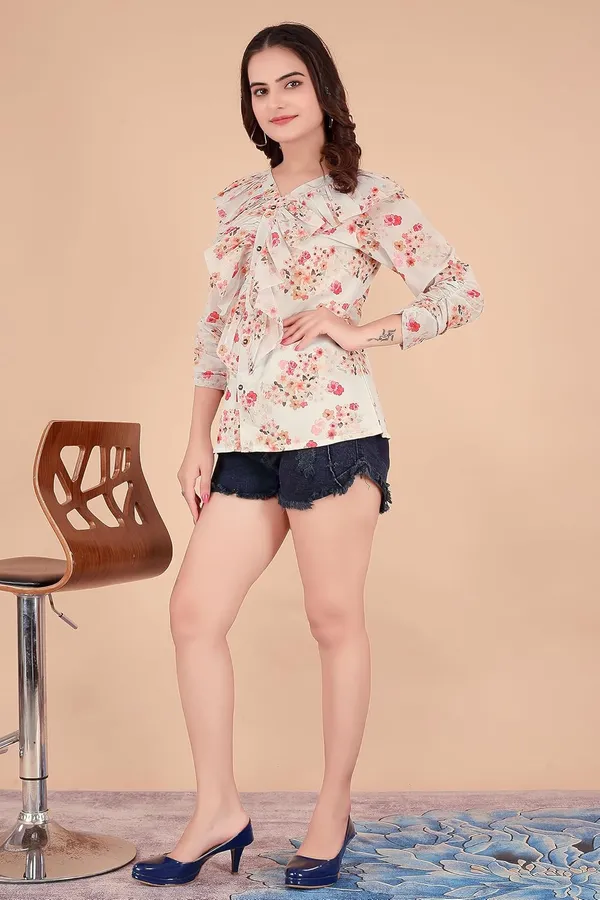 White_Georgette___Tunic_Shirt_For_Women_|_3/4_Sleeve_V-Neck
