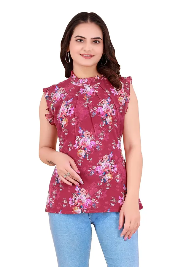Maroon_Georgette_Tunic_Shirt_For_Women_|__Regular_Fit_Sleeveless_Round_High_Neck