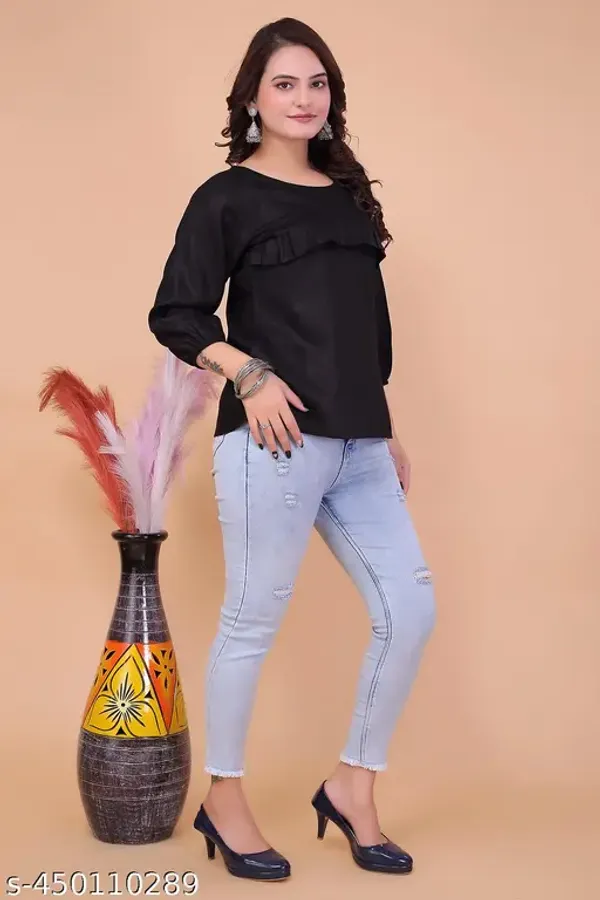 Black_Viscose_Rayon_Top_For_Women_|__Regular_Fit_Balloon_Sleeve_Round_Neck