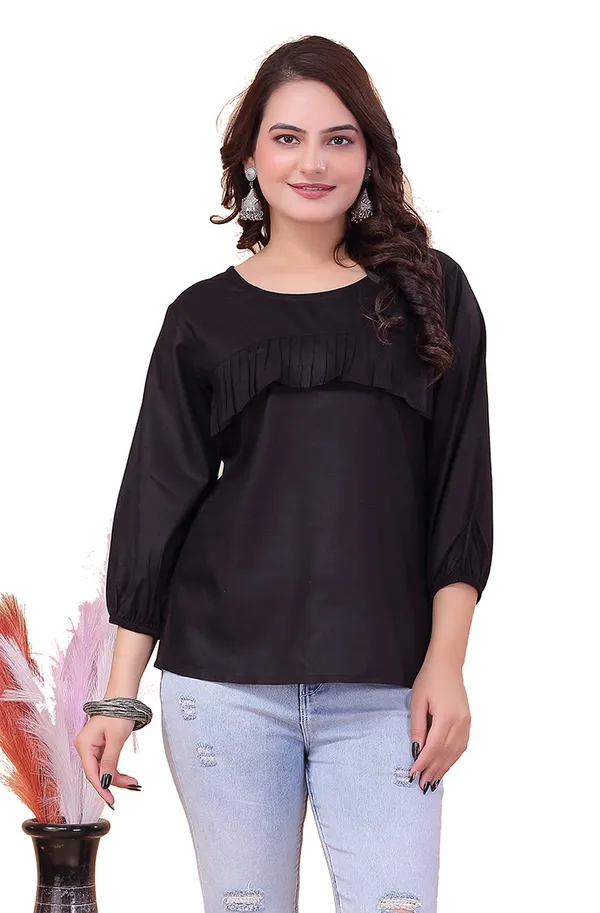 Black_Viscose_Rayon_Top_For_Women_|__Regular_Fit_Balloon_Sleeve_Round_Neck