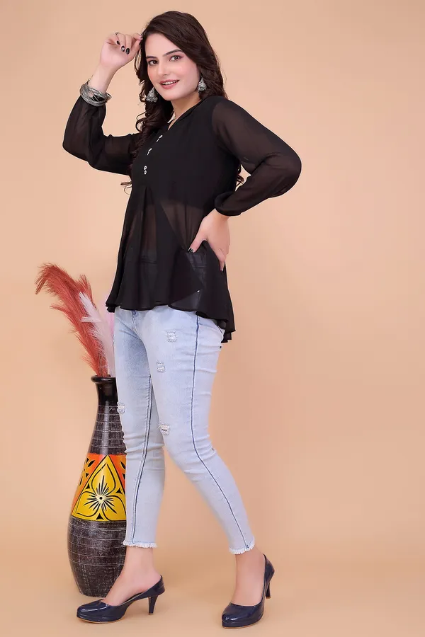 Black__Georgette_Top_For__Women_|_Regular_Fit_3/4_Sleeve__V__Neck