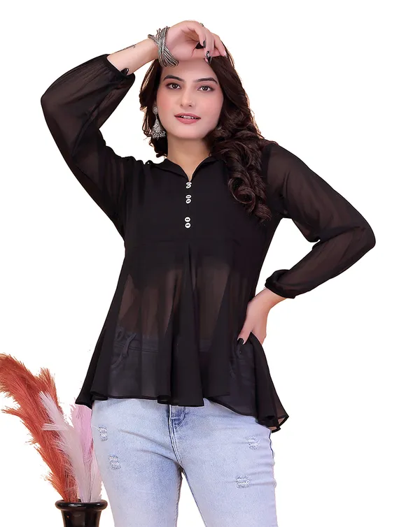 Black__Georgette_Top_For__Women_|_Regular_Fit_3/4_Sleeve__V__Neck