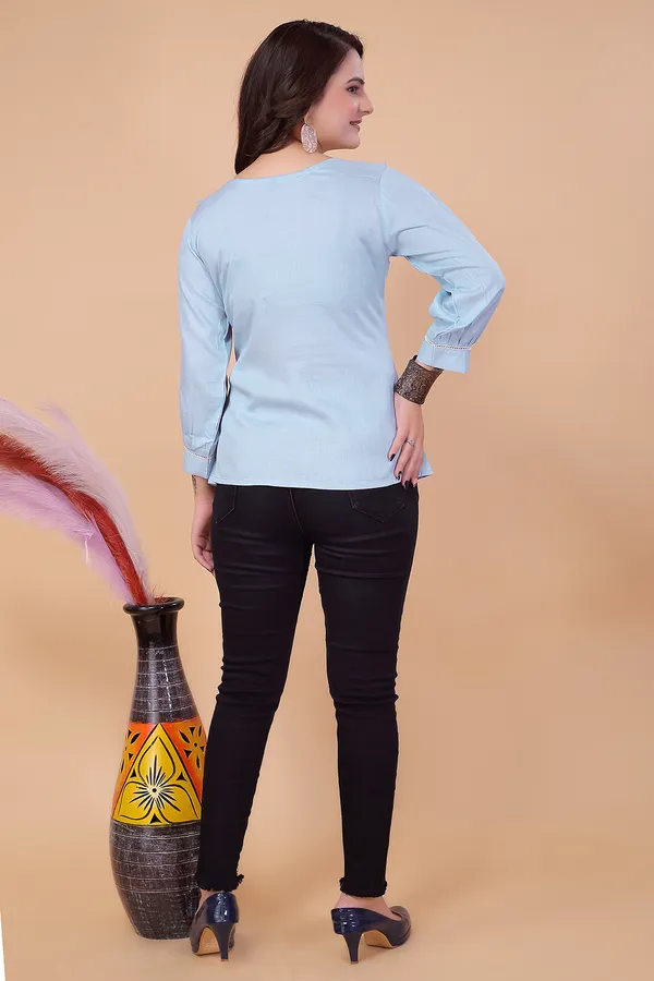 Blue_Viscose_Rayon_Top_For_Women_|_Regular_Fit_3/4_Sleeve_Round_Neck