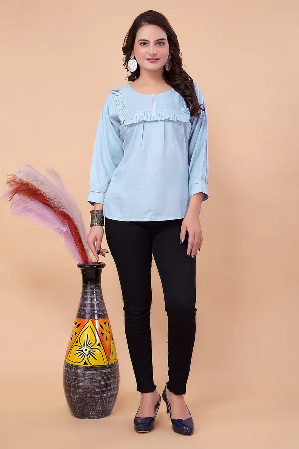 Blue_Viscose_Rayon_Top_For_Women_|_Regular_Fit_3/4_Sleeve_Round_Neck