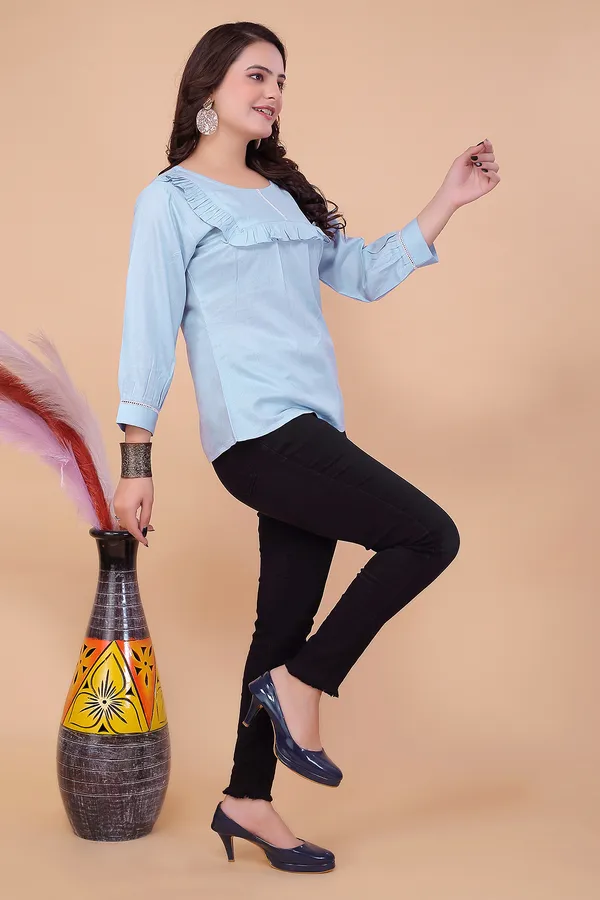 Blue_Viscose_Rayon_Top_For_Women_|_Regular_Fit_3/4_Sleeve_Round_Neck