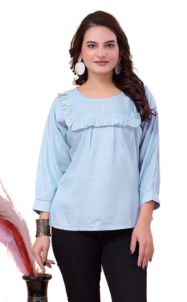 Blue_Viscose_Rayon_Top_For_Women_|_Regular_Fit_3/4_Sleeve_Round_Neck