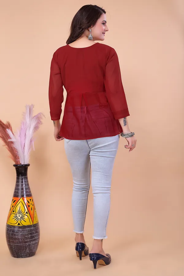 Maroon_Viscose_Georgette_Top_For_Women_|__Regular_Fit_3/4_Sleeve_Round_Neck