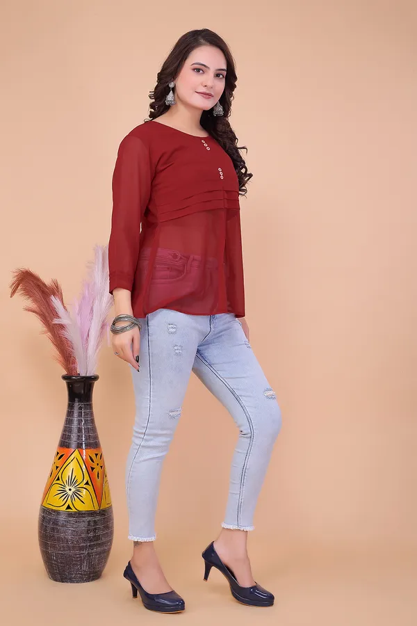 Maroon_Viscose_Georgette_Top_For_Women_|__Regular_Fit_3/4_Sleeve_Round_Neck