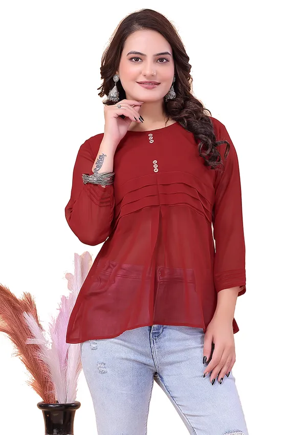 Maroon_Viscose_Georgette_Top_For_Women_|__Regular_Fit_3/4_Sleeve_Round_Neck